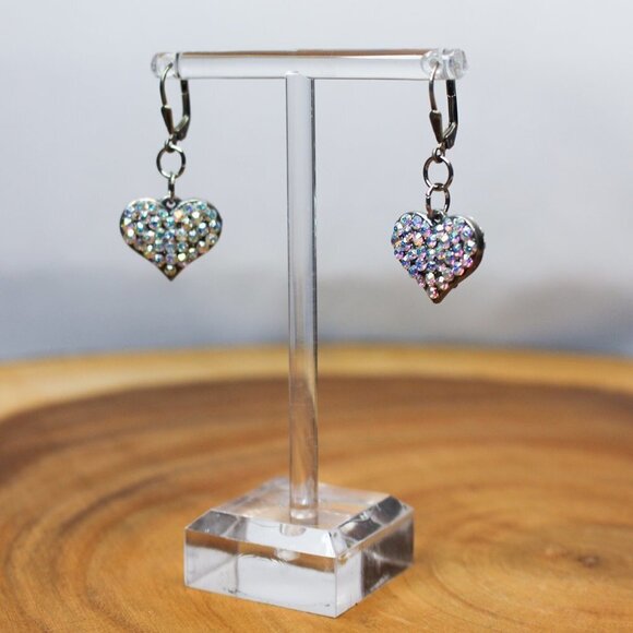 Earrings MARKED 925 STERLING SILVER Pierced Dangle Leverback Heart Rhinestone - Picture 8 of 12